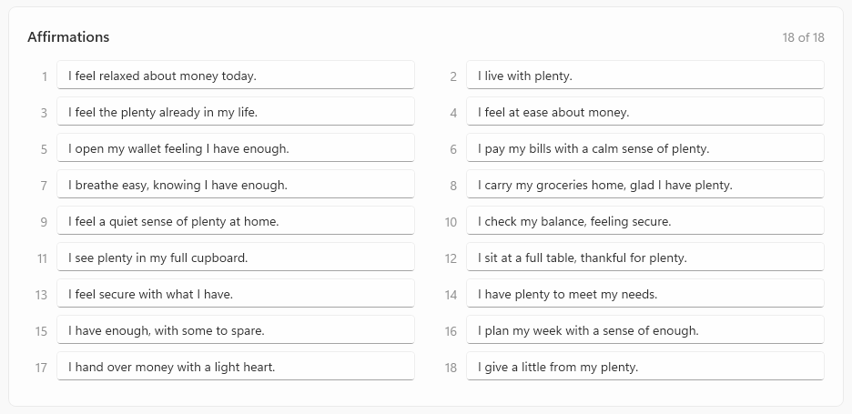HermeticMind for desktop: the Edit deck screen, with eighteen affirmations in an Abundance deck.